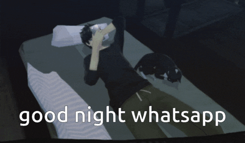 a man laying on a bed with the words good night whatsapp written below him