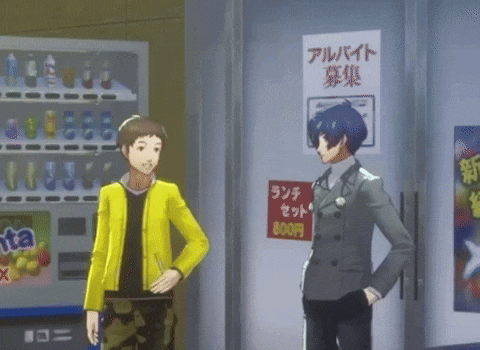 two anime characters are standing in front of a soda machine