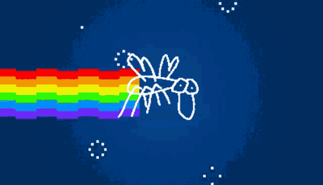 a pixel art drawing of a mosquito with a rainbow behind it