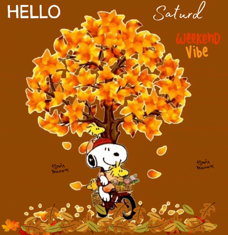 a cartoon of snoopy riding a bike under a tree with the words saturda weekend vibe
