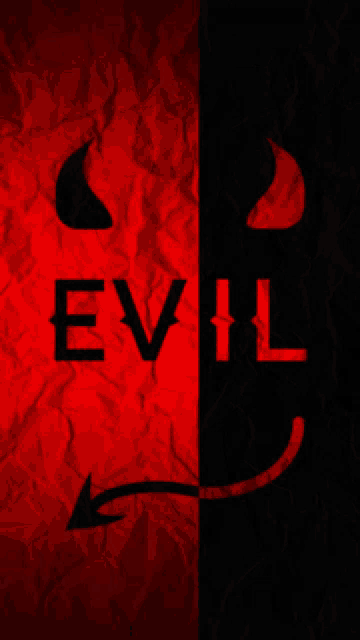 a red and black devil with horns and tail on a crumpled paper background .