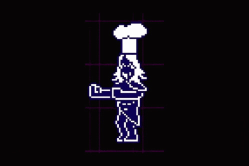 a pixel art drawing of a chef with a chef 's hat on a black background .