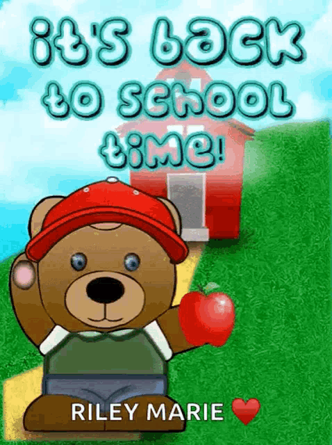 a teddy bear holding an apple with the words " it 's back to school time " written above it