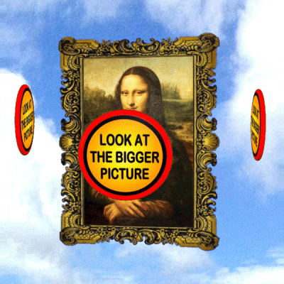 a picture of a woman in a gold frame with a yellow circle that says look at the bigger picture