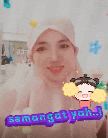 a woman wearing a pink hijab is smiling with a cartoon girl behind her that says semangatyah