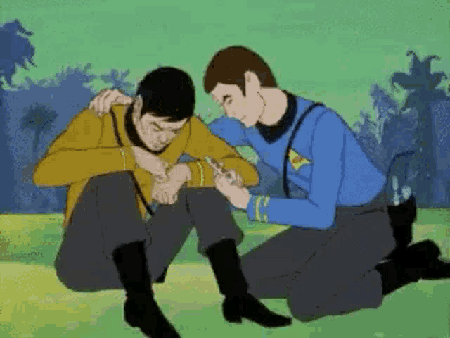 a cartoon of a man kneeling down next to another man with a stethoscope around his neck .