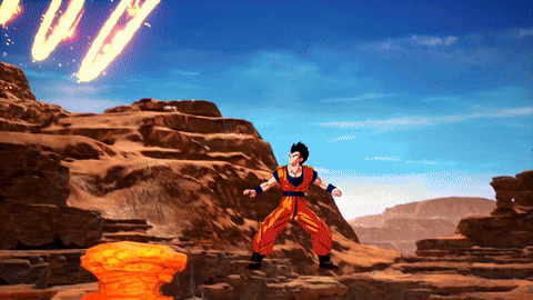 a man in a dragon ball outfit is standing on a rocky cliff with a fireball in the background