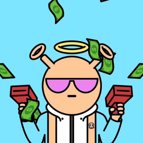 a cartoon character with a halo on his head is holding a gun with a dollar bill on it
