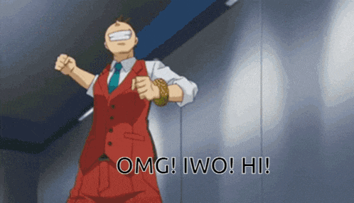 a man in a red suit and tie is saying omg ! iwo ! hi !