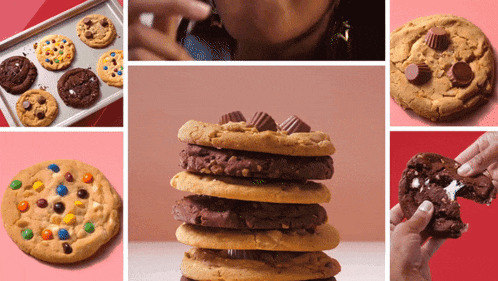 a collage of different types of cookies including peanut butter cups and m&m 's
