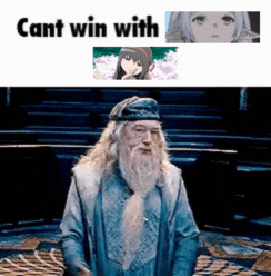 a man with a beard is standing in front of a sign that says cant win with .