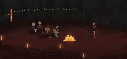 a cartoon character with flames on his shirt holds his stomach