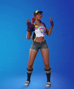 a woman with a skateboard is dancing in front of a blue background .