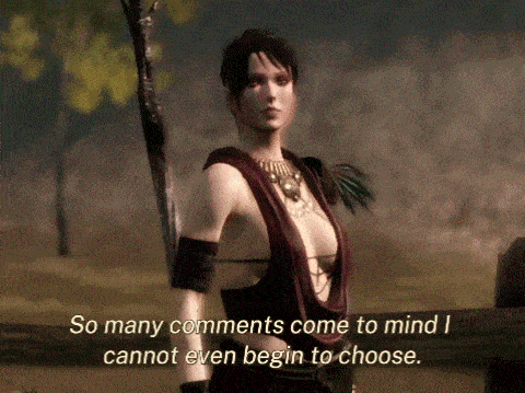 a screenshot of a video game shows a woman with the words so many comments come to mind i cannot even begin to choose below her