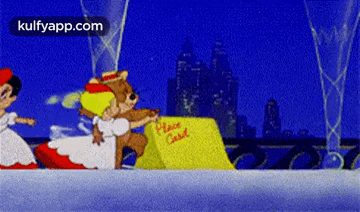 a couple of cartoon characters standing next to a sign that says please card .