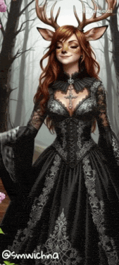 a woman in a black dress with a deer mask on her face is standing in a forest
