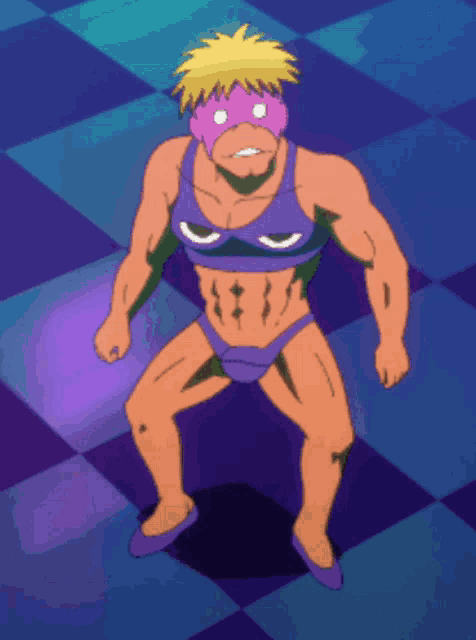 a cartoon character wearing a purple top and purple underwear