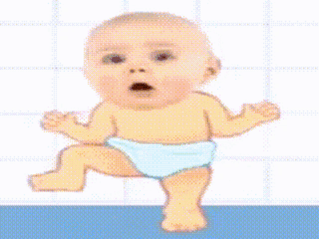 a baby in a diaper is walking on a blue surface