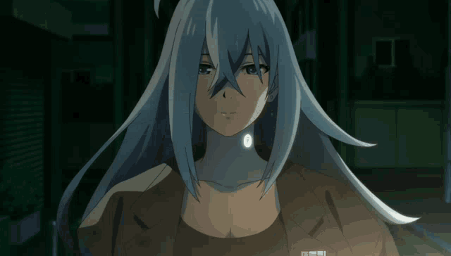 a girl with long blue hair has a circle on her neck
