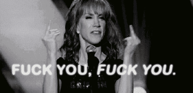 a black and white photo of a woman giving the middle finger with the words " fuck you fuck you " below her