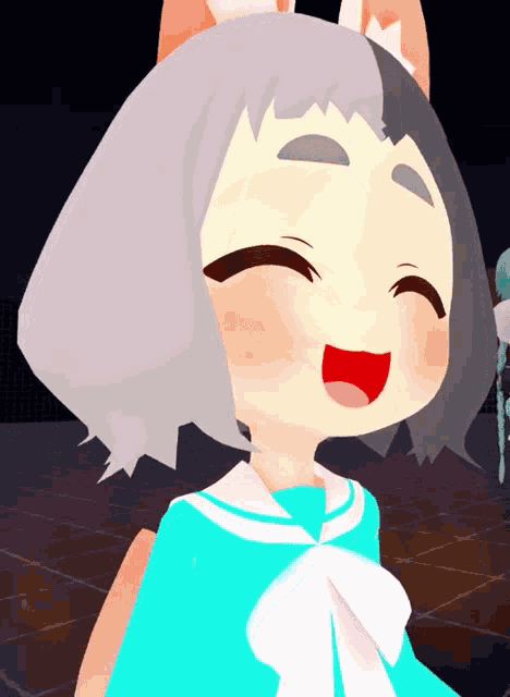 a close up of a cartoon character with gray hair and a blue shirt