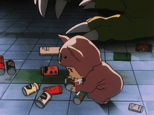 a cartoon character in a pig costume is playing with cans on the ground