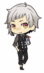 a cartoon drawing of a boy in a suit holding a bottle