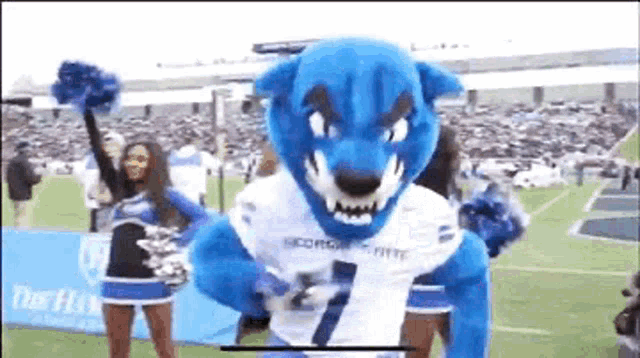 a mascot is standing on a football field with cheerleaders behind him .