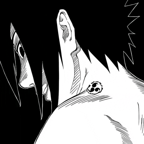 a black and white drawing of a man 's face with a symbol on his neck