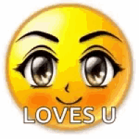 a yellow smiley face with big eyes and the words `` loves u '' .