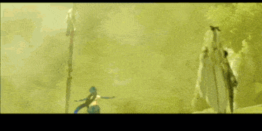 a woman with blue hair is standing in a field