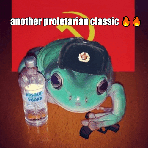 a frog holding a gun next to a bottle of absolute vodka