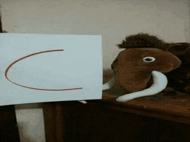 a stuffed mammoth is holding a piece of paper with the letter c on it