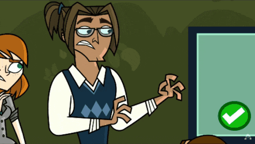 a cartoon of a man and a girl with a green check mark