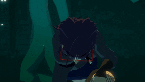 a cartoon character with glasses and purple hair is smiling in the dark