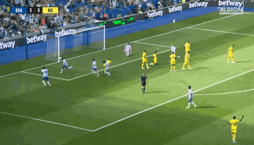 a soccer game is being played on a field with betting advertisements in the background