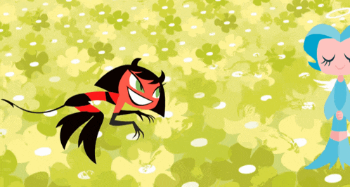 a cartoon angel and a cartoon devil are dancing in a field of flowers