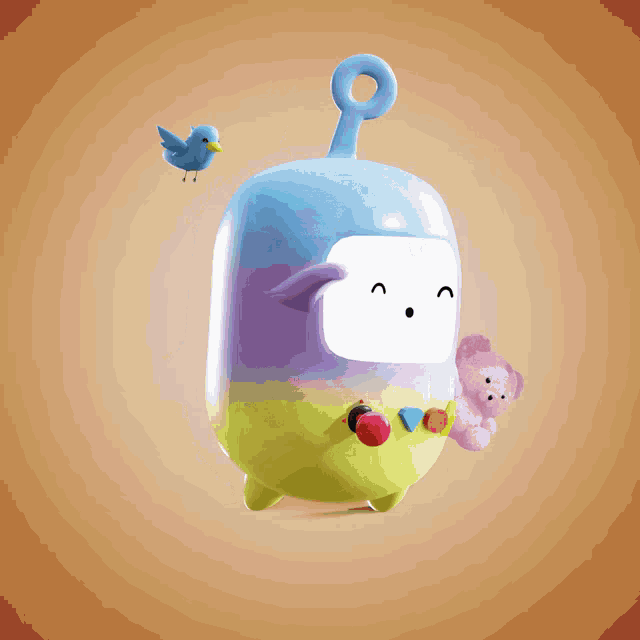 a cartoon character holding a pink teddy bear and a blue bird flying around