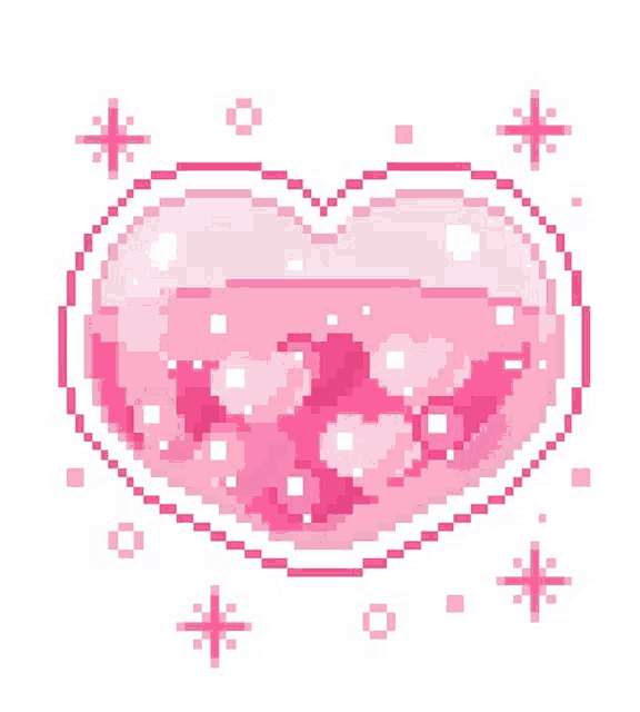 a pixel art illustration of a pink heart filled with pink liquid and stars .
