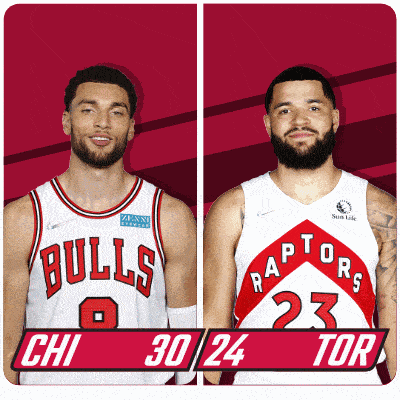 two basketball players from the bulls and raptors are standing next to each other