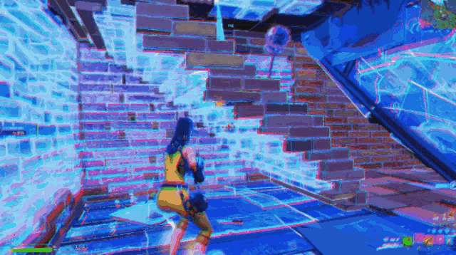 a person is standing in a room with a brick wall .