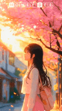 a girl is walking down a street under a cherry blossom tree