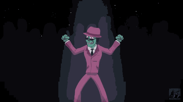 a cartoon drawing of a man in a pink suit and hat