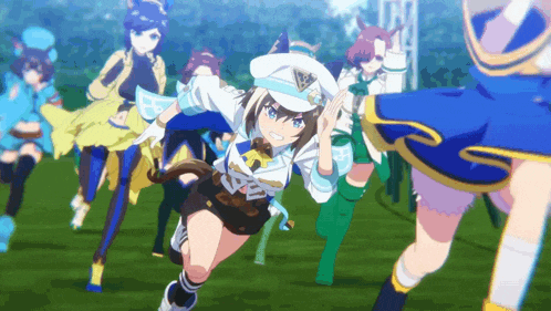 a group of anime girls are running on a grassy field .