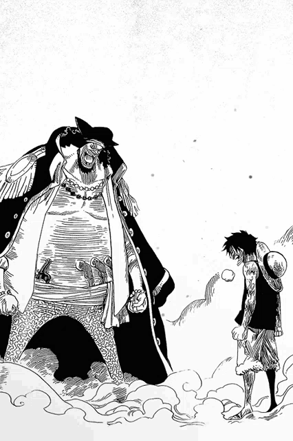 a black and white drawing of monkey d luffy and big mom standing next to each other