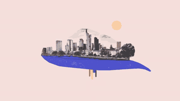 an illustration of a city skyline with a blue leaf
