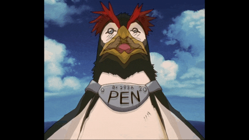 a cartoon penguin with the word pen on it
