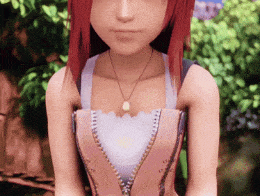 a girl with red hair wearing a necklace and a pink top