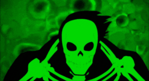a green skeleton with a skull on it