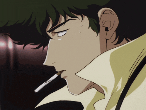 a cowboy bebop character smoking a cigarette with a tear coming out of his eye